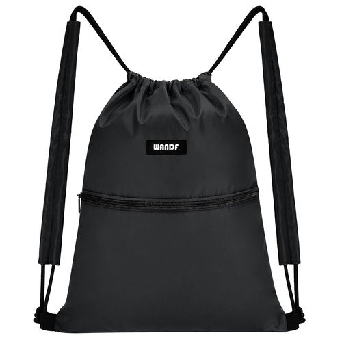 WANDF Drawstring Backpack Sports Gym Bag with Shoulder Pads Water Resistant String Bag Cinch Bag for Women Men (Black)
