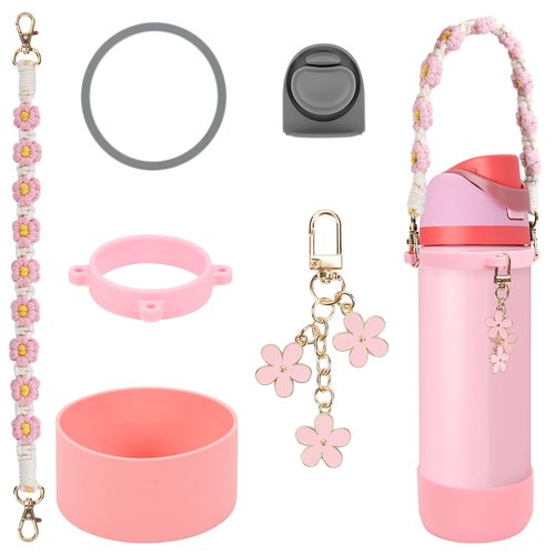 Comprehensive Compatible Owala Accessories Set: Silicone Boot for 24oz & 32oz Bottles, Water Bottle Handle Strap, Bottle Seal Ring, Replacement Stopper, Charms, Compatible Owala FreeSip (Pink, 24 oz)