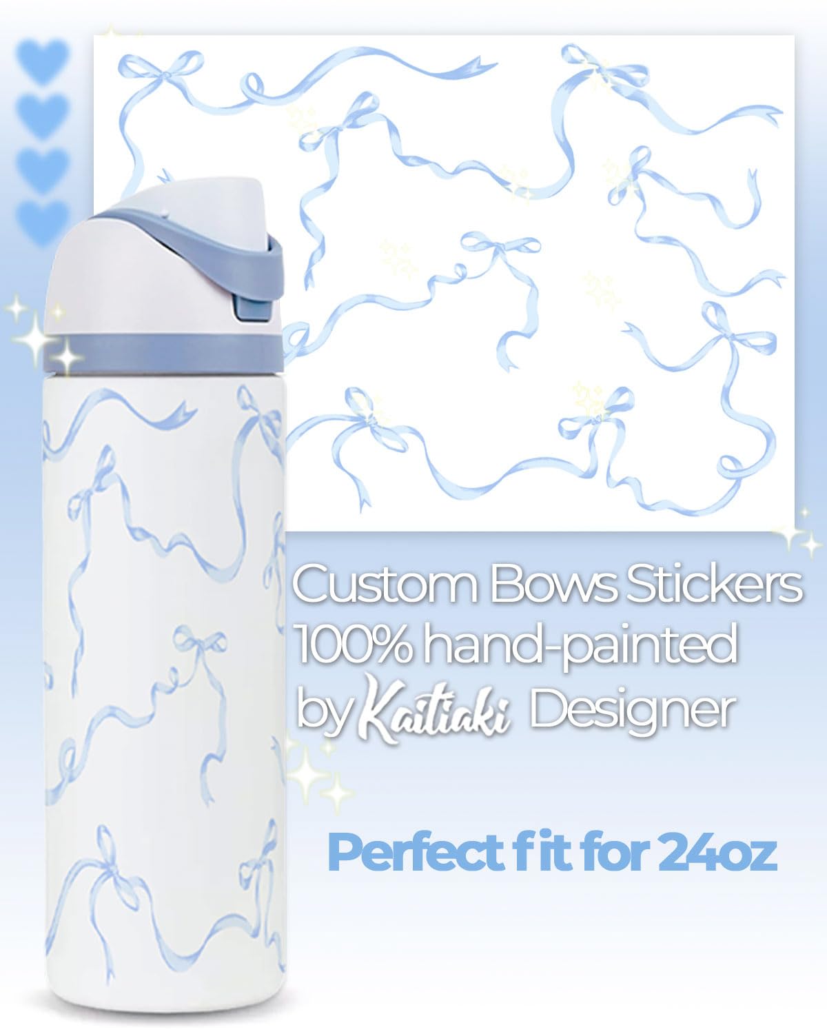 Kaitiaki Bows Stickers for Custom Owala Accessories - Cute Tumbler Decals, Fits 24oz Urban Outfitters Owala Bottles (Bubble Bliss Bow, Blue)