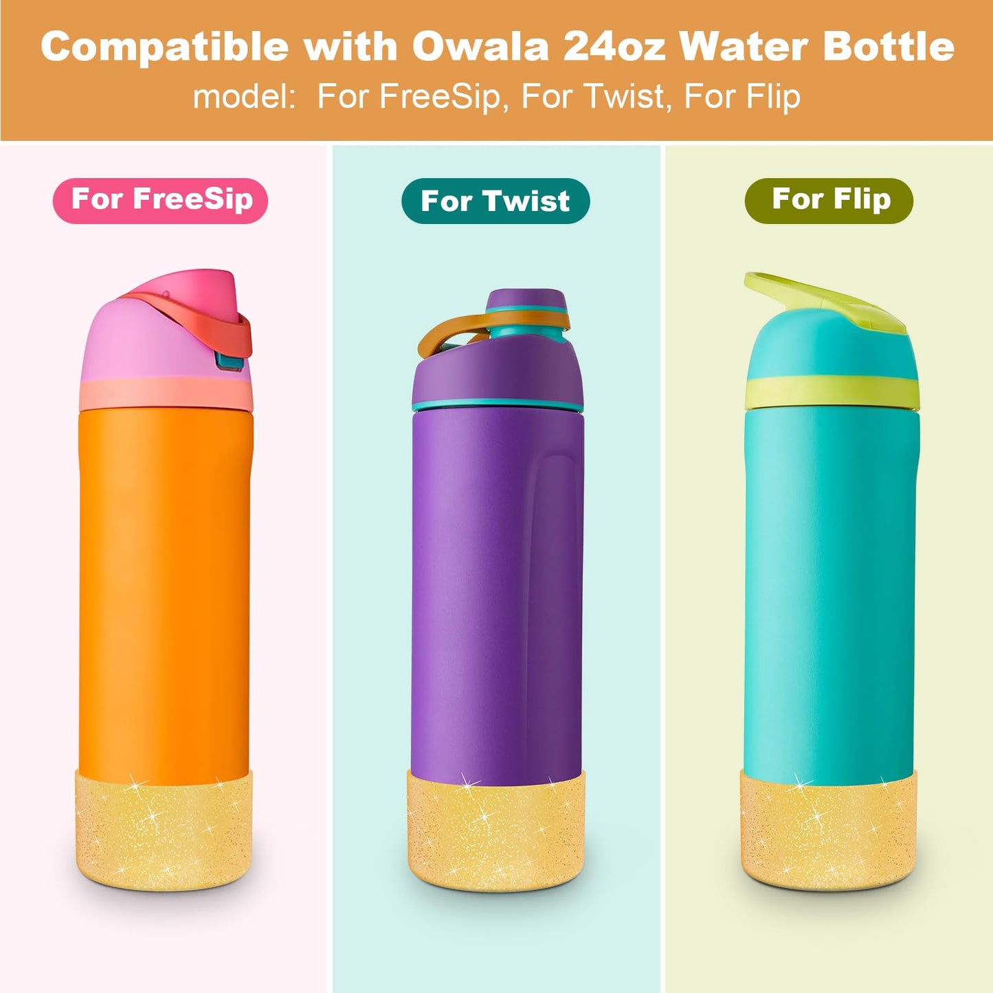 Beonsky 2 PCS Glitter Silicone Boot for Owala Water Bottle 24 oz, Anti-Slip Protective Sleeve for FreeSip/Twist/Flip Stainless Steel Water Bottles Accessories