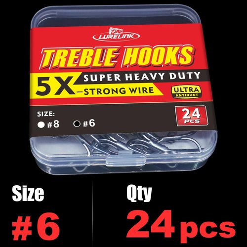 Fishing-Treble-Hooks-5X-Extra-Strong-Heavy-Duty Ultra Anti-Rust Bulk Hooks for Saltwater and Freshwater Fishing Sizes 5/0 to #8 (5X Extra Strong, Size:6 24-Pack)