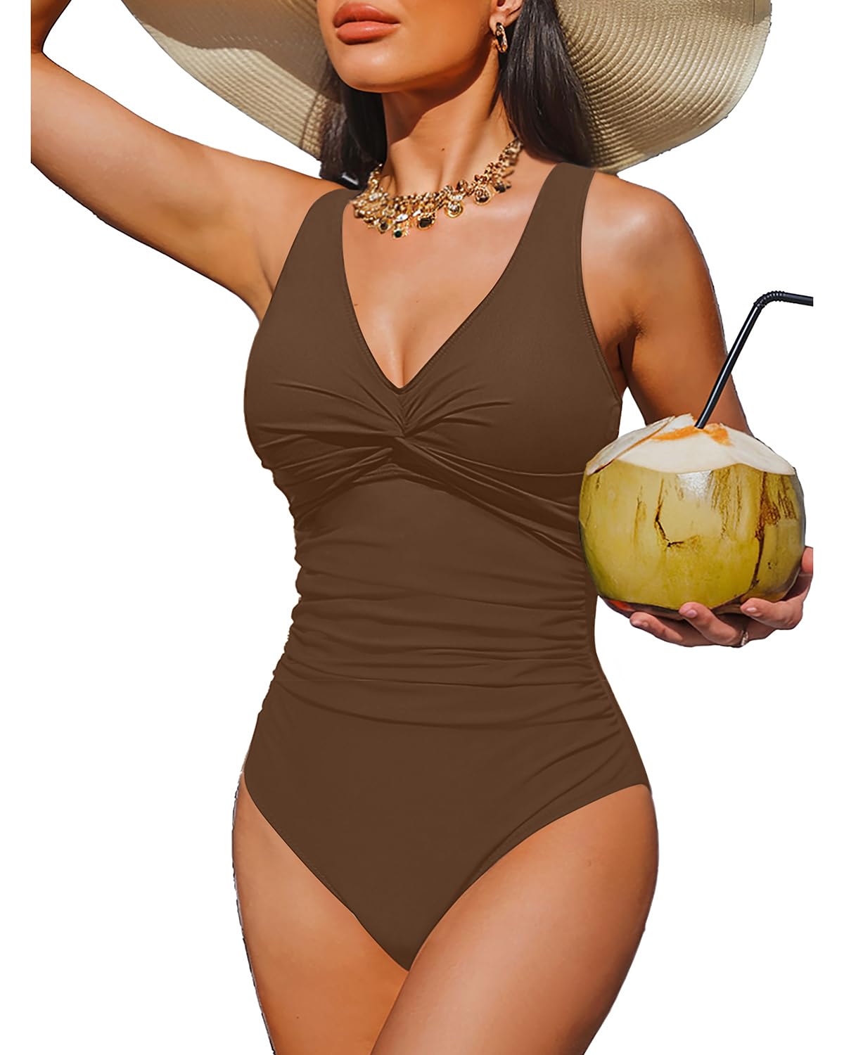 Holipick Brown Women Tummy Control One Piece Swimsuit - Push Up Bathing Suit Full Coverage Slimming Swimwear M