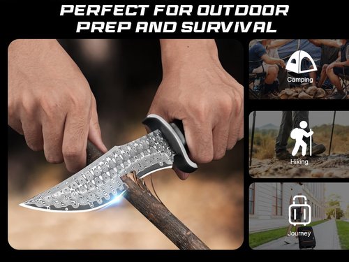 SPITZKANTE Damascus Hunting Knife P-S, 11.26" Damascus Fixed Blade Bowie Knife with Leather Sheath, Outdoor Survival Camping Hiking