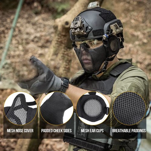 OneTigris 6" Foldable Half Face Mesh Mask with Ear Protection, Tactical Lower Face Protective Mask (Black)