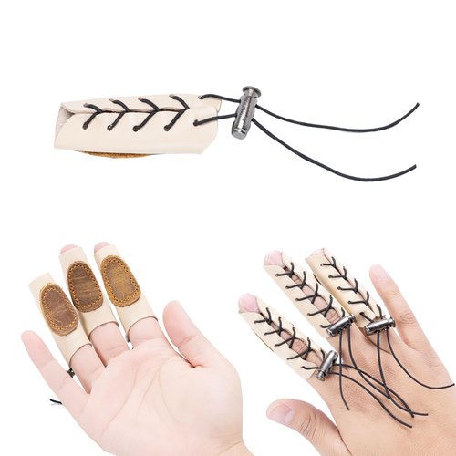Prespollw Archery Gloves - Leather Finger Tab & Hand Guard for Recurve Bow & Traditional Bow - Protects Fingers & Hands for Hunting - Pack of 3 (Light Beige Brown)