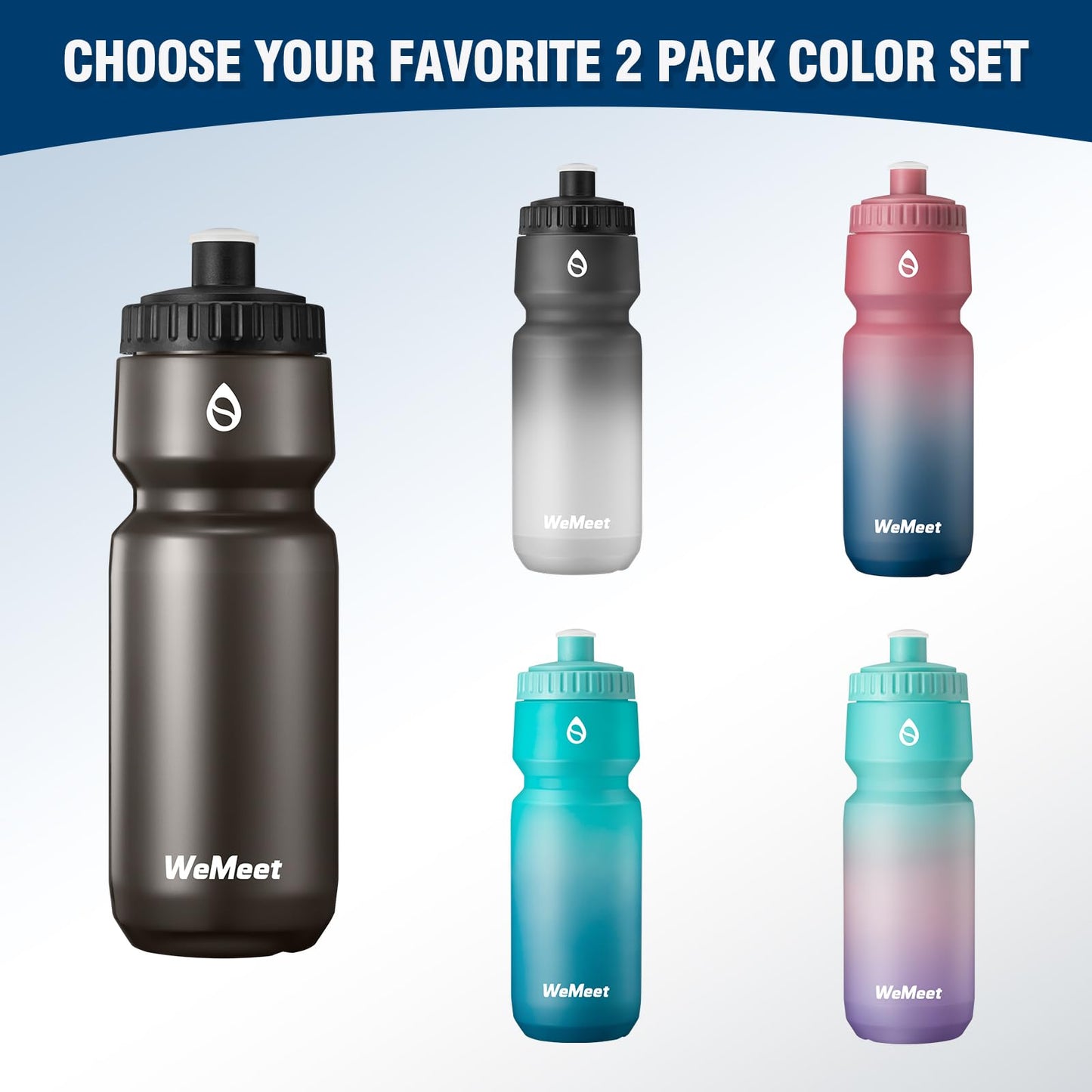 WEMEET Mountain Bike Water Bottle 2-Pack, Sport Squeeze Bottle with Capacity Scale, LeakProof, BPA Free, for Cycling, Gym, Outdoors (Black & Red Blue, 24oz)