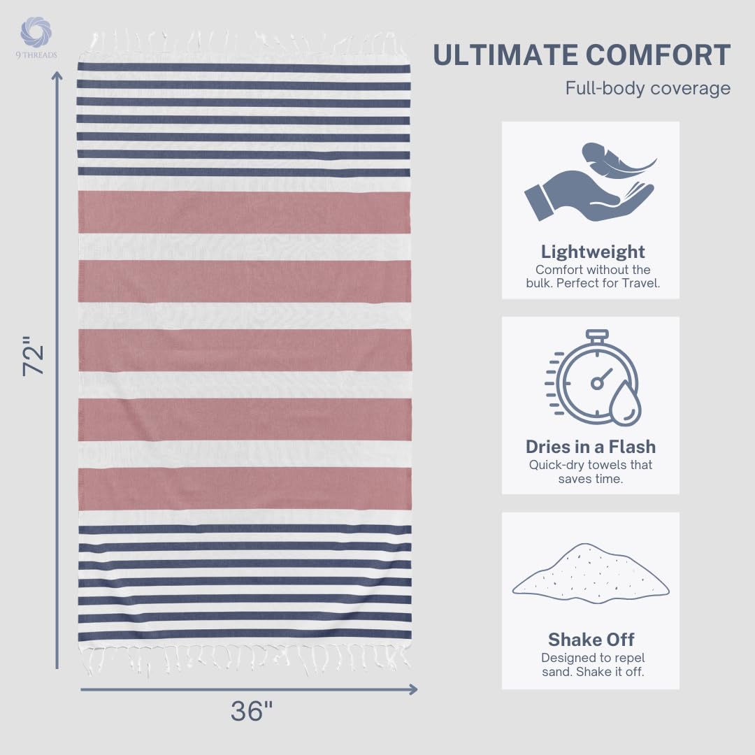 9Threads Cotton Turkish Beach Towel with Towels Oversized 36"x72" Pool Absorbent Extra Large Quick Dry Sand Travel Towel (Rosé & Riviera, 4 Pack)