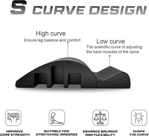 DOLOKEE Spine Corrector Pilates Equipment, S-Curve Design, Back Support and Core Exercise Tool (Black, with Stretching Strap)