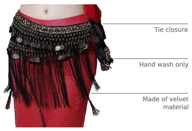 Black Large Velvet Belly Dance Tribe Belt Tassel Hip Scarves – Waist 66.93in