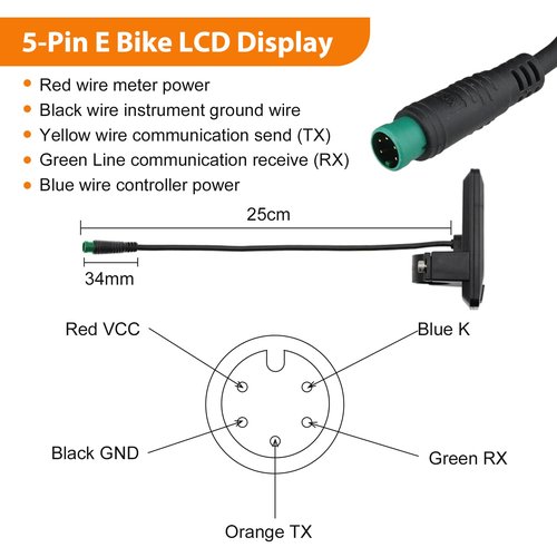 5Pins Electric Bike LCD Display Meter, 24V 36V 48V E Bike Control Panel For Handlebars Approximately Φ22.2mm / Φ0.87in, Waterproof Connector, No.2 Communication Protocol
