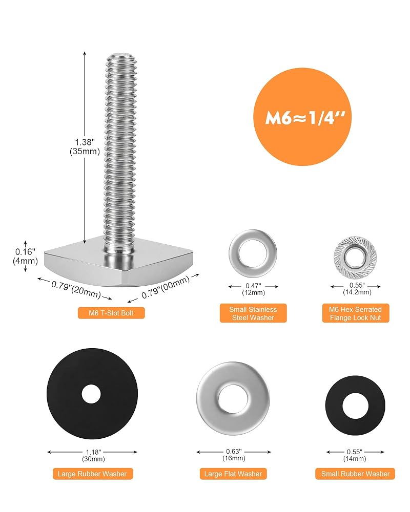 T-slot Bolts for Thule/Yakima Roof Racks – M6x35mm Stainless Square Head 4mm Thick, 6 Count (Variation: Round Edge)