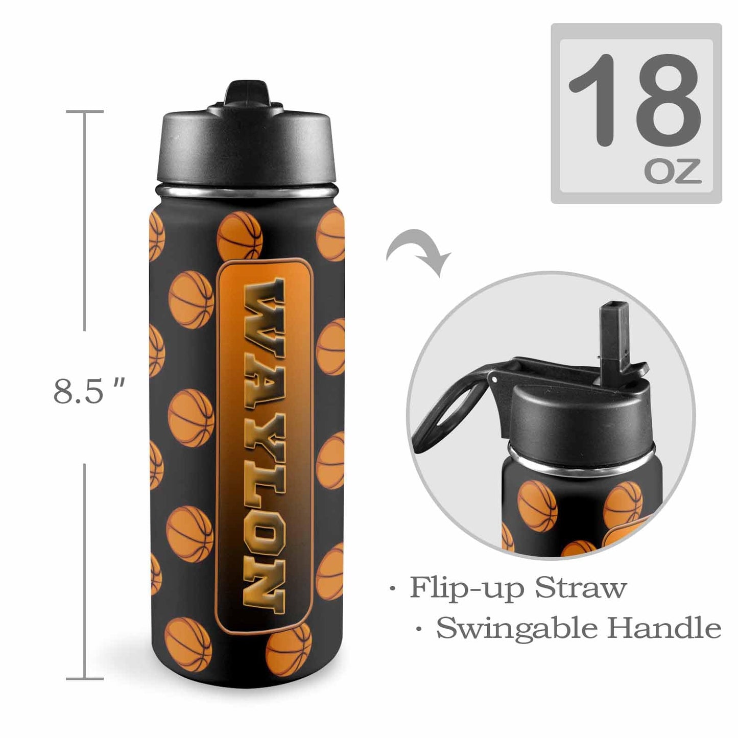 Custom Water Cup Basketball Print, Personalized Insulated Water Bottle with Name, 18oz Leak-proof Stainless Steel Water Cup, Boys Girls Birthday Back to School Gift