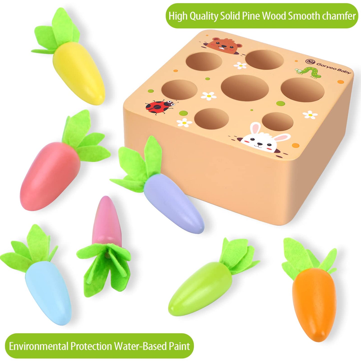 KMTJT Montessori Toys for 2 3 Year Old Toddlers, Macron Carrot Harvest Game Wooden Toys for Baby Boys and Girls, Educational Learning Shape Sorting Matching Gifts for Babies
