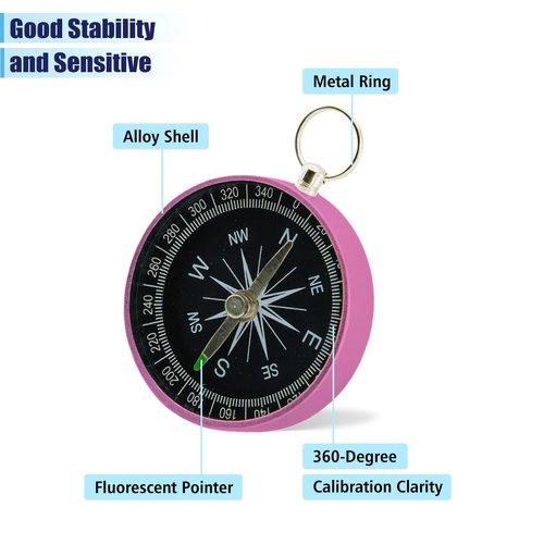 Rovella Pocket Compass, Survival Sports Navigation Compass with Key Ring for Outdoors Camping Hiking Pink Color