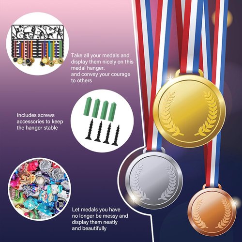 SUPERDANT Rhythmic Gymnastics Medal Hanger Display Ball Gymnastics Medal Holder Award Metal Medals Organizer Ribbon Display Holder Rack Wall Mounted Race 6 Rows 24 Hangers Non-Slip Hooks 40x25cm