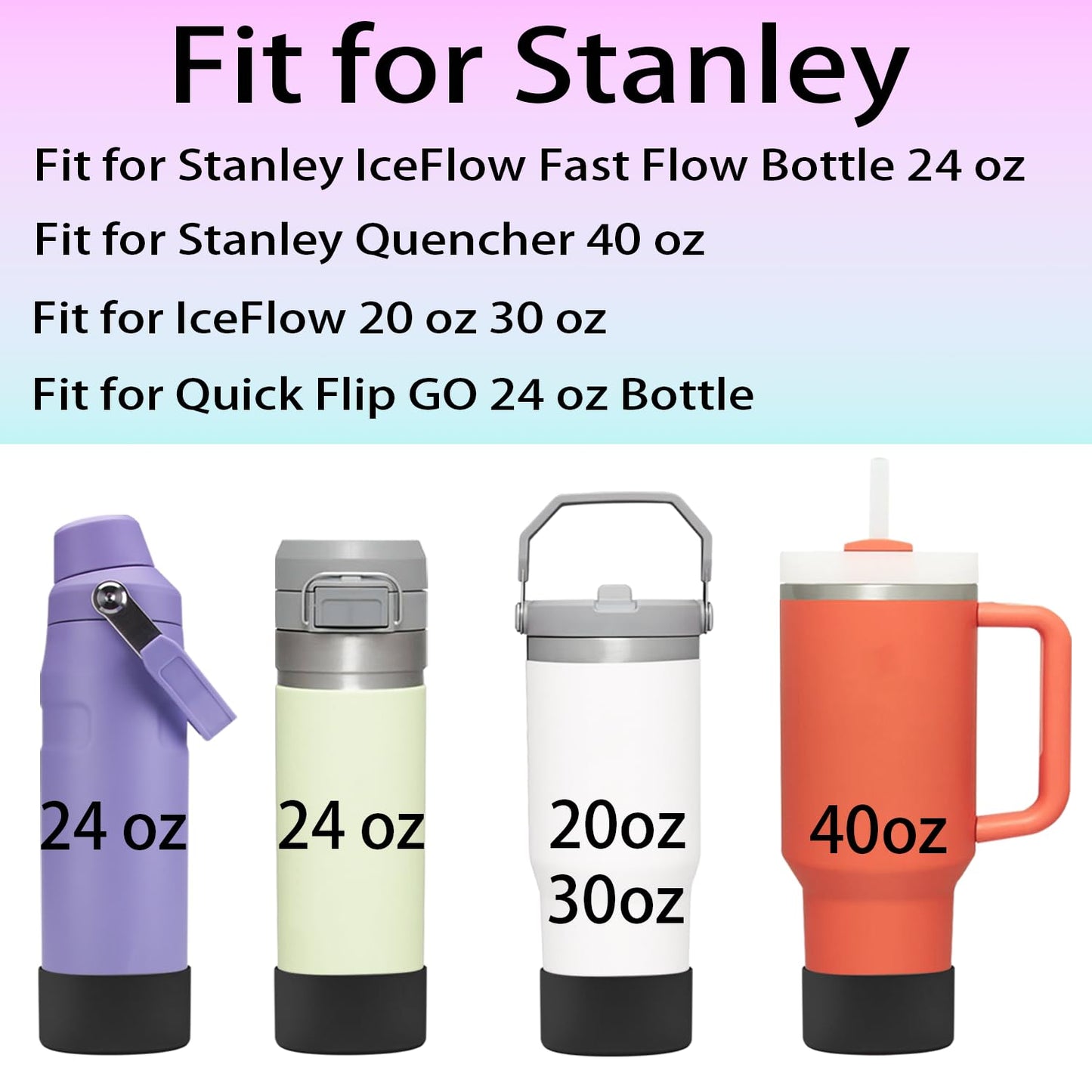 2Pcs Silicone Boot Sleeve for Stanley IceFlow Fast Flow Water Bottle 24oz,Silicone Boot Bumper for Stanley Quencher 40oz,for IceFlow 20oz 30oz,for Quick Flip GO 24oz Bottle（Thickened） (Black)