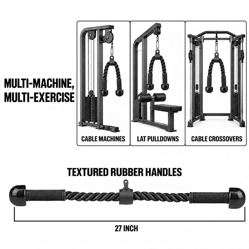 Tricep Rope Cable Attachment with Non-Slip Handles for Lat Pulldown & Cable Machine