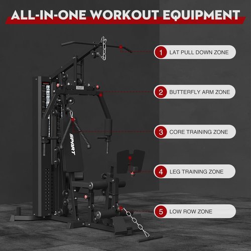 SPART Multifunctional Home Gym Station, Home Gym Exercise Equipment with 150LBS Weight Stack, Full Body Strength Training Workout Equipment for Leg Press, LAT Pull Down, Chest Press, PEC Fly, Black