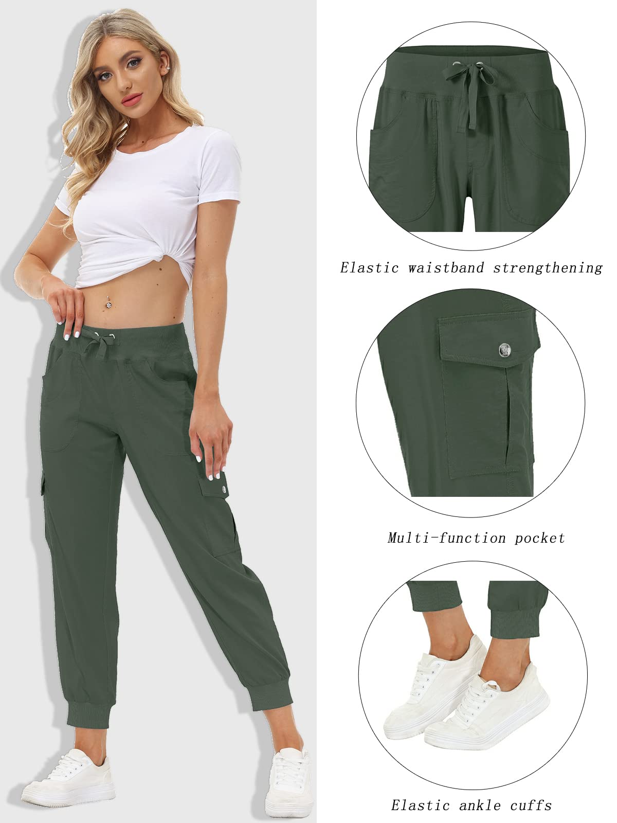 MoFiz Women's Hiking Pants Cargo Joggers Sweatpants with Pockets Lightweight Quick Dry Outdoor Summer Casual Athletic Elastic Waist Army Green S