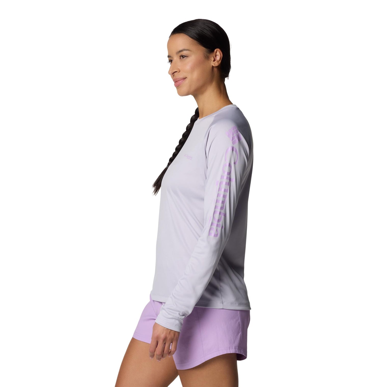 Columbia Womens PFG Tidal Tee II Long Sleeve Sun Protection Shirt, Lavender Pearl/Hydrangea Logo, Large