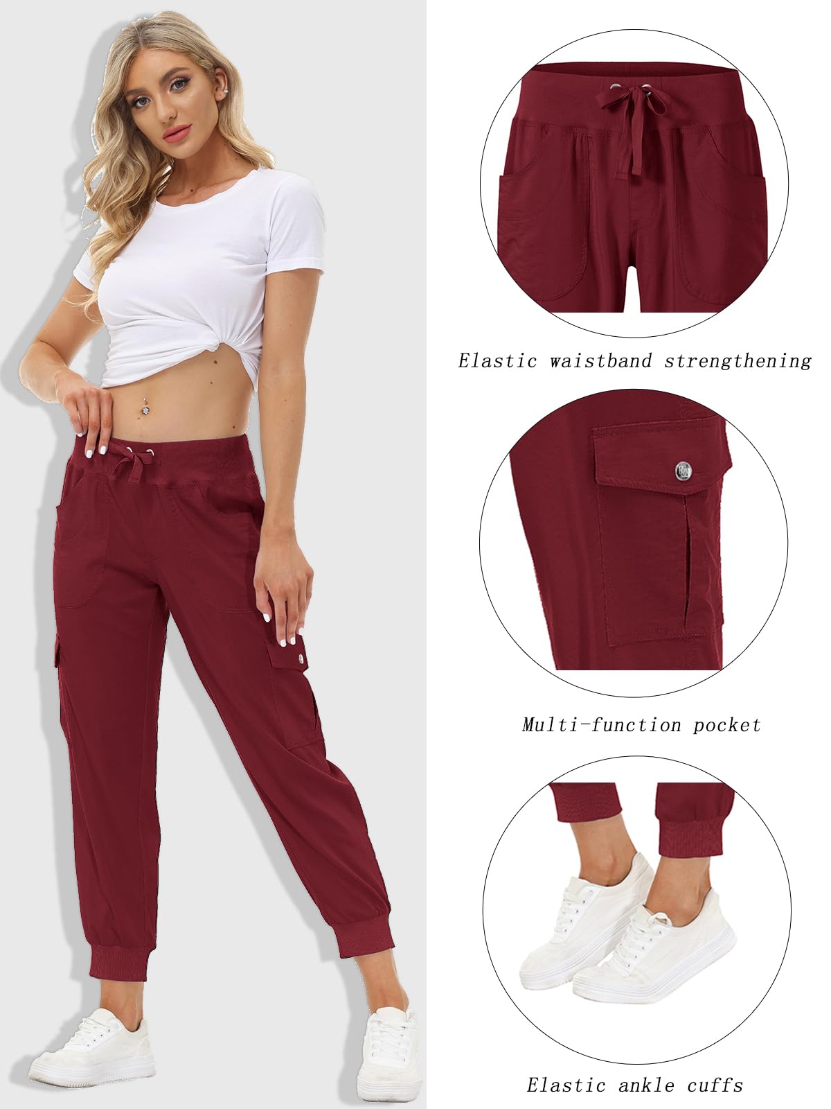 MoFiz Hiking Cargo Pants for Women with Pockets Lightweight Quick Dry Athletic Outdoor Summer Travel Casual Joggers Sweatpants Wine Red XS