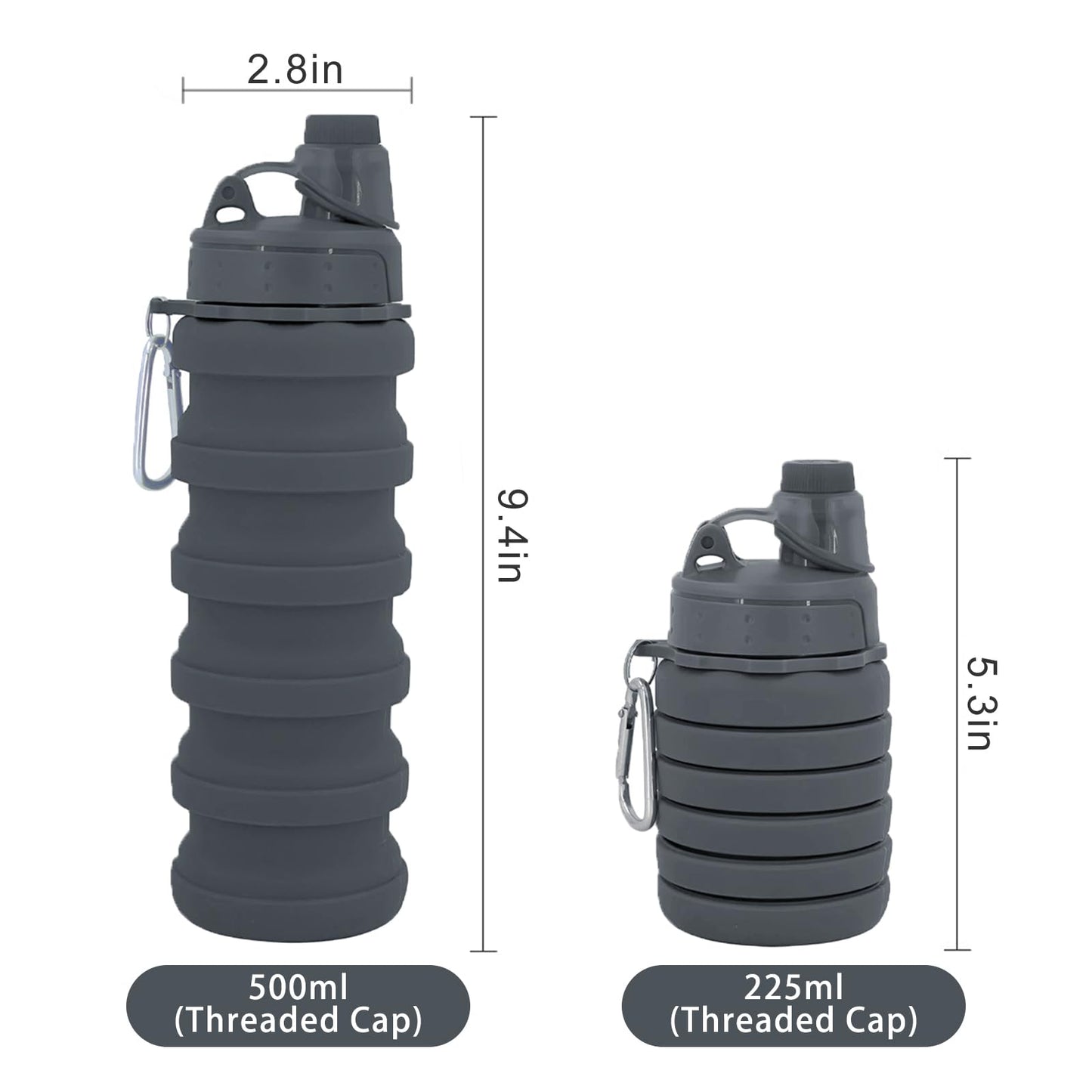 YCTMALL Collapsible Water Bottles Two Pack - Travel Sports Portable Silicone Water-proof Camping Bottle with Mountaineering Buckle (500ml, Dark Blue and Grey)