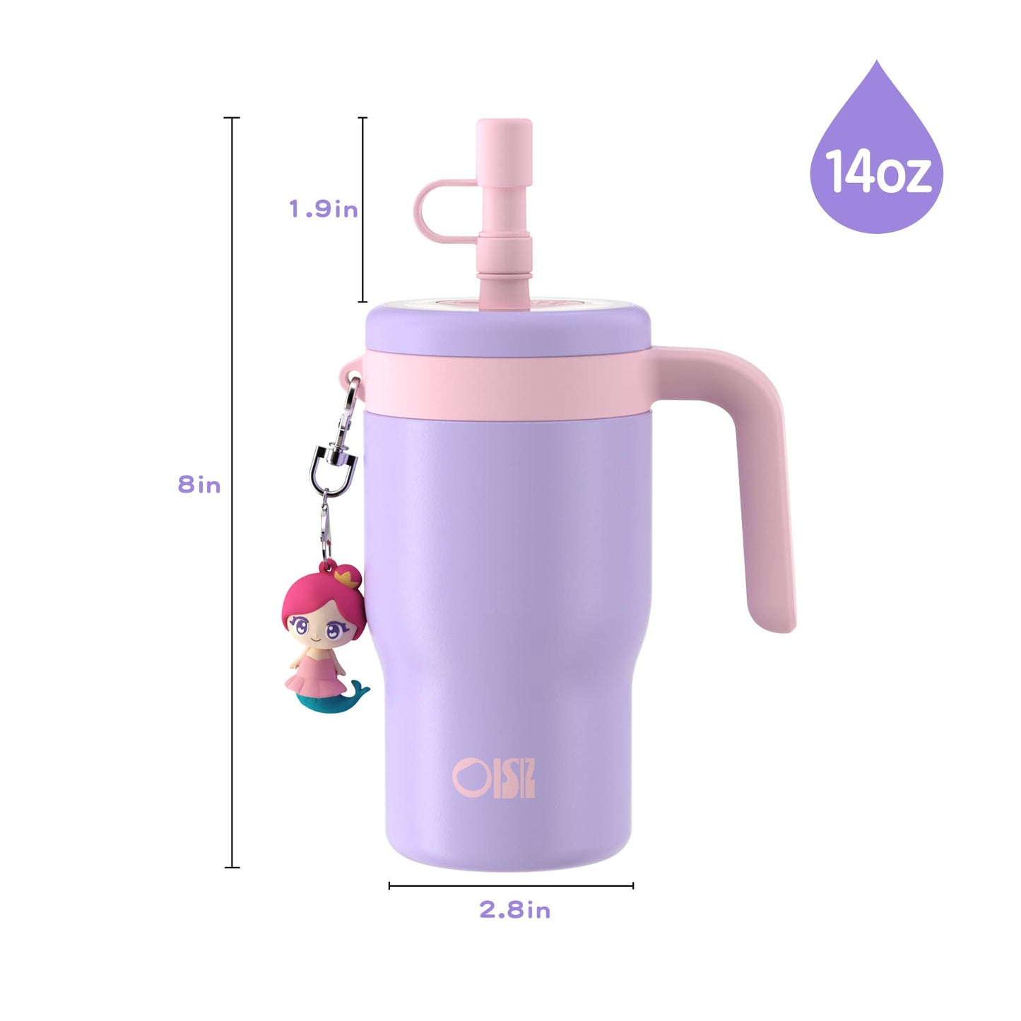 OISIZ 14oz Kids Tumbler with Straw Lid & Handle,Kids Cup with Animal Accessory for School,Kids Water Bottles with Dust-proof Cover,Leakproof Water Bottles,316 Stainless Steel,Keep Cold 24 Hours-purple