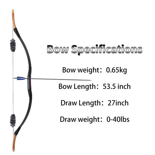 SPG 40lbs One Piece Traditional Bow - 53" Handmade Wooden Bow Fast Precision Shooting Traditional Recurve Bow and Arrow Set for Adult & Archers Right Left Hand Archery Horse Long Bow (40lbs)