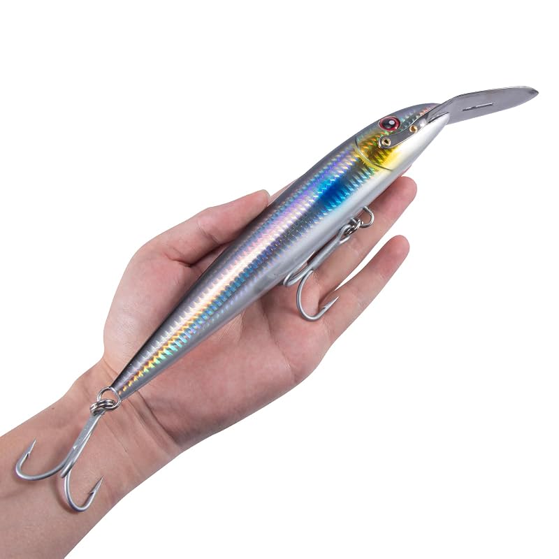 Dr.Fish 7.5in Deep Diving Saltwater Lure with VMC Treble Hooks - 13-20ft Depth, Silver Black - 1 Pack