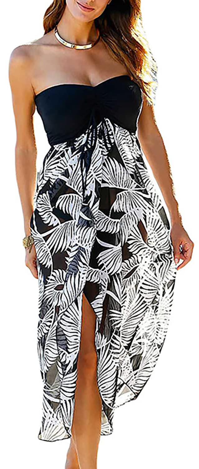 Women's Beach Dress Summer Sundress Maxi Strapless Cover Ups Vacation Wrap Dresses(A Maxi White Leaf,M)