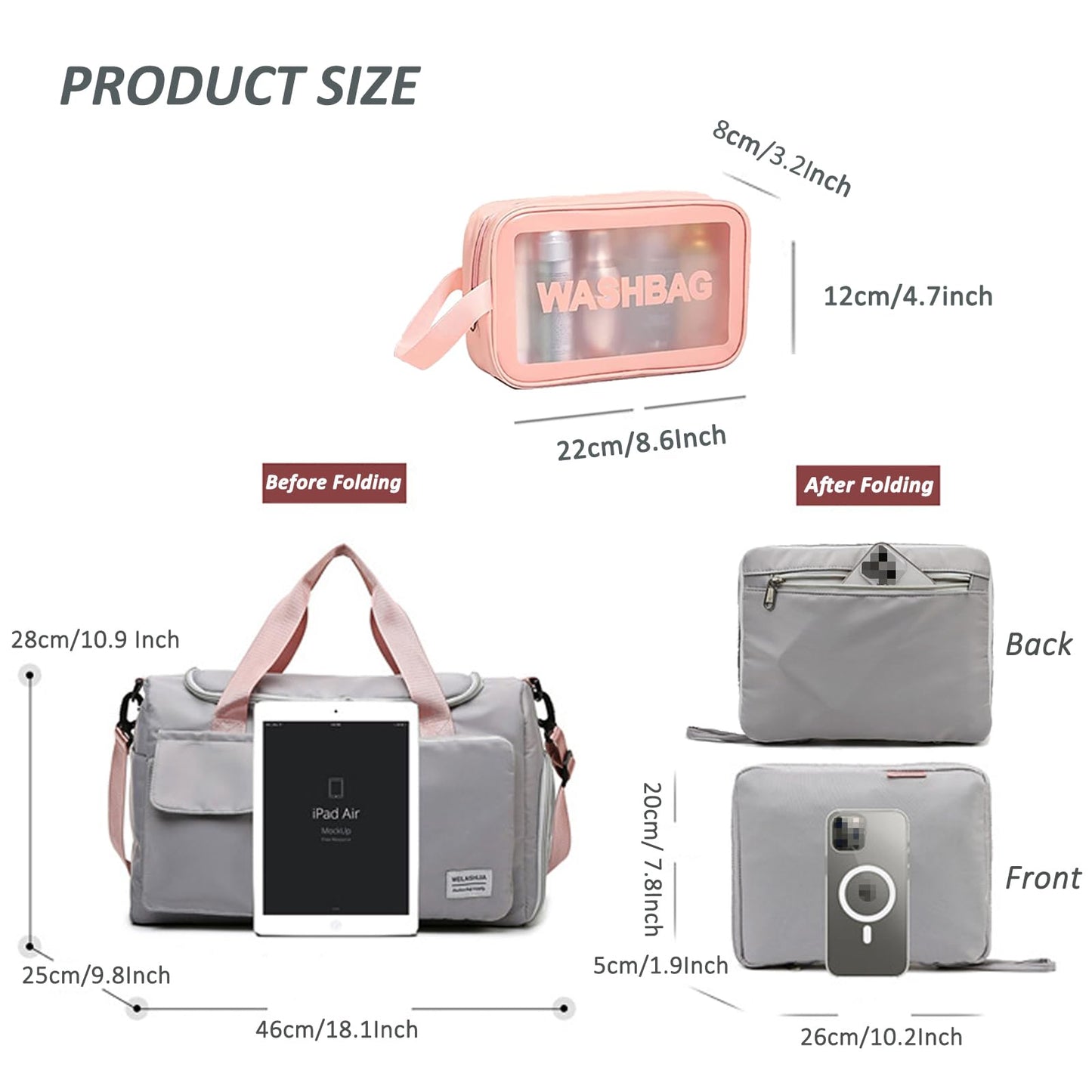 Pink+Toiletry Gym Bag for Women - Foldable Travel Duffel with Wet Pocket & Shoes Compartment, Dance & Overnight Bag, Small Luggage for Women and Man