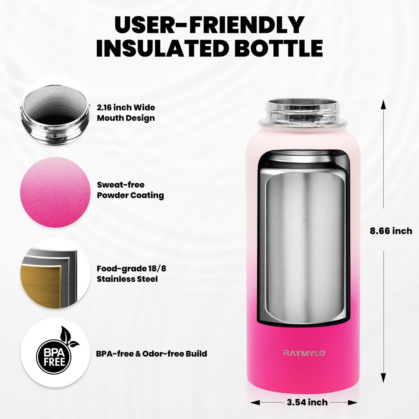 RAYMYLO Insulated Water Bottle 32 oz, Triple Wall Vacuum Stainless Steel (Cold for 24Hrs, Hot for 12Hrs), Leak Proof & Non-BPA, Modern Water Flask Jug with Paracord Handle & Straw Spout Lids