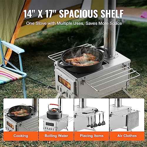 VEVOR Camping Wood Stove Stainless Steel Camping Tent Stove, Portable Wood Burning Stove with Chimney Pipes & Gloves, 700in©øFirebox Hot Tent Stove for Outdoor Cooking and Heating with 8 Pipes