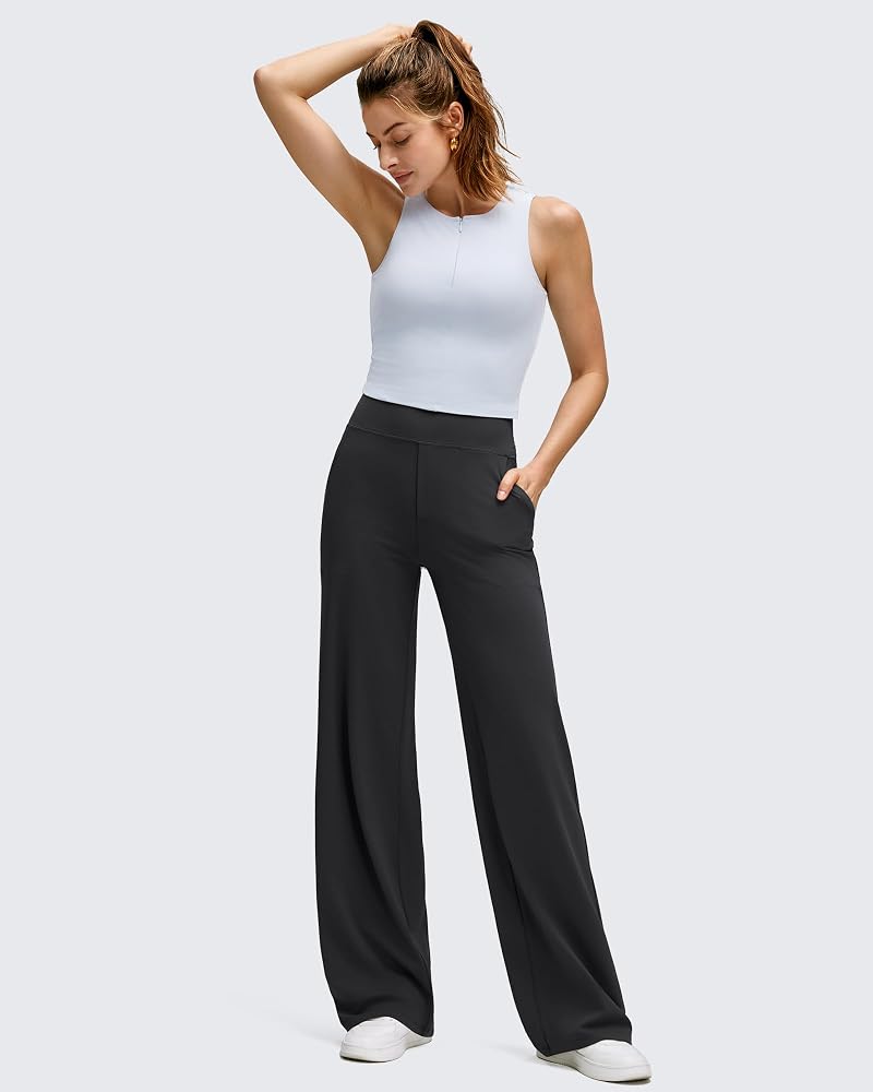 G4Free BareFeel Women’s High-Stretch Wide-Leg Pants with Pockets, Black, Medium