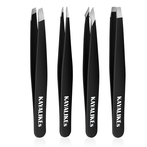 Tweezers Set for Eyebrows, KayaLikes 4 Pcs Precision Tweezers Set for Girls and Women, Excellent at-home Grooming Tools with Leather Case, Black