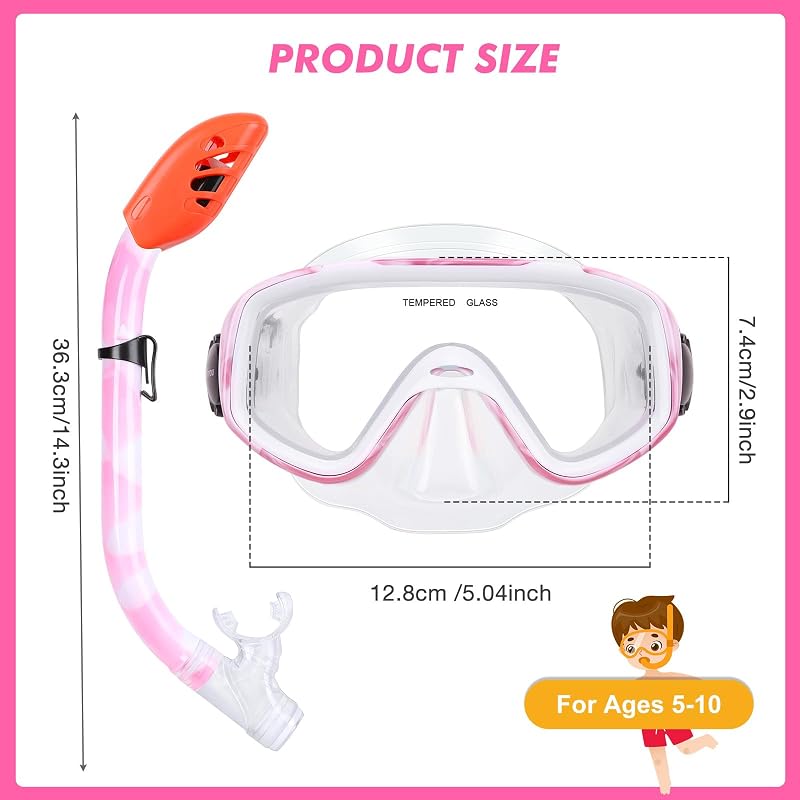 Kids Snorkel Set with Anti-Fog Mask & Dry Top Snorkel - Pink/White