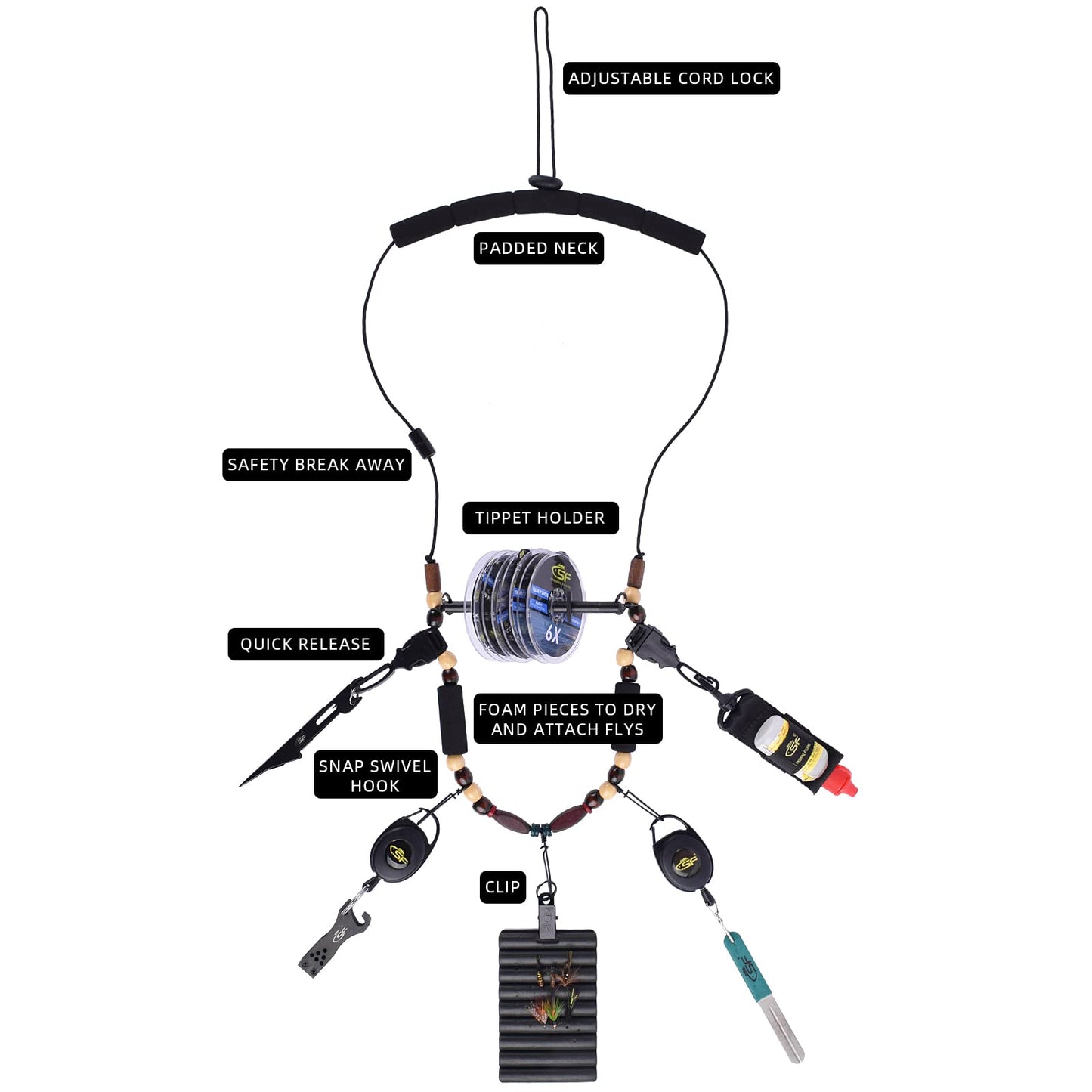 SF Fly Fishing Lanyard Around Neck Unloaded Necklace Black Adjustable Tool Holder with Foam Neck Strap Horizontal Tippet Bar Quick Release for Fishing Accessories(Only Lanyard)