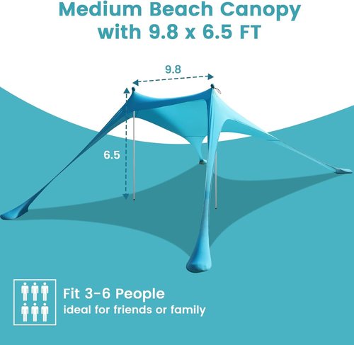 Beach Tent - Beach Shade UPF 50+ UV Protection, 9.8 x 6.5 FT, Anti-Wind Beach Canopy with 2 Poles, 2 Windproof Ropes, 1 Portable Bag, Beach Tent Sun Shelter Perfect for Picnics, Outdoors - Turquoise