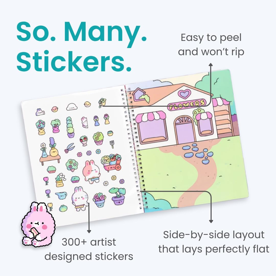 Life of Cute Bunnies 300+ Kids Sticker Book by Cupkin Toddler Airplane Travel Coloring Book, Easter Basket Stuffer, Road Trip Essentials, 8 Coloring Pages 8 Side by Side Scenes for Ages 2–8 Years