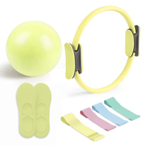Pilates Essential Kit - Portable Fitness Equipment - with Toning Pilates Ring & Long Resistance Bands & Pilates Loop Bands & Soft Pilates Ball & Pilates Grip Socks (Yellow)