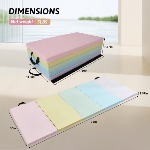 Wansenya 5 Folding PU Gymnastics Mats for Tumbling,Foldable Exercise Tumble Mat for Home Gyms,Durable Gymnastics Tumbling Mats with Carrying Handles for Home Activity Play,Macaron Color