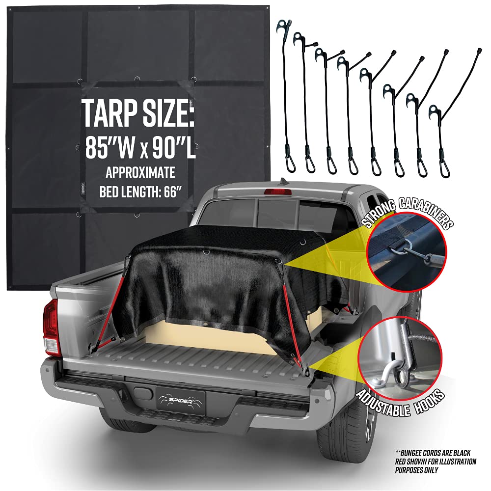 SPIDER Pickup Truck Bed Tarp (7’1” W x 7’6” L) - Heavy Duty Black Solid Waterproof Cargo Net Cover - Detachable Quick Adjust Tie Downs - Fits Short Bed (5'6") and Trailers