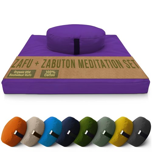 Meditation Cushion Mat Set - Large Oval Zafu Floor Pillow Organic Buckwheat Pillow + Cotton Filled Zabuton Prayer Pad - Meditation Pillow Yoga Knee Pad - Made in USA - 18" Oval, PURPLE Cotton