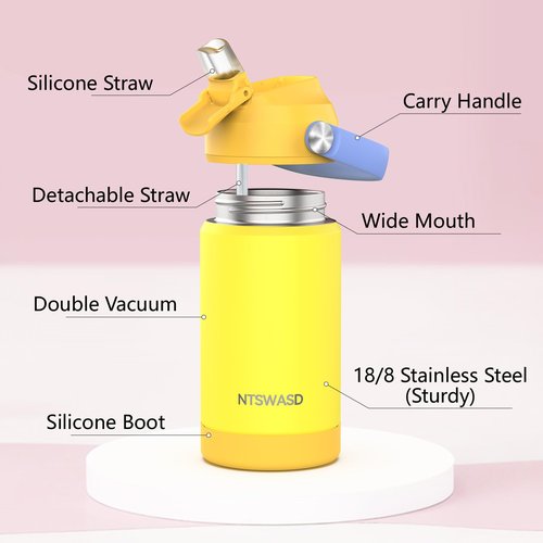 Ntswasd Toddler Insulated Water Bottle with Straw,12 oz Kids Cups with Stainless Steel Leak Proof for School Daycare(Yellow)