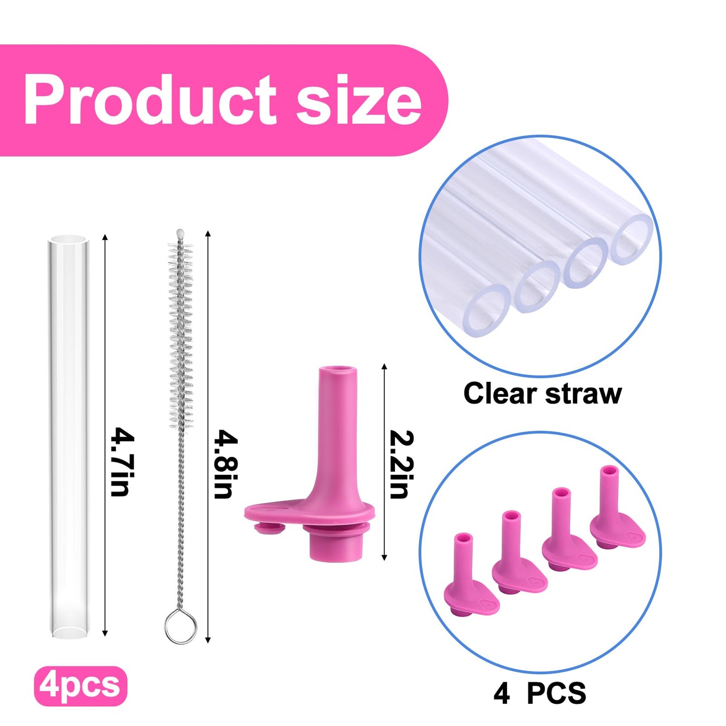 XANGNIER Replacement Straws and Bite Valve Compatible with Zak Designs Kelso 15 oz Tumbler Water Bottle,4 Pcs Silicone Straws with Cleaning Brush for Zak Designs Kelso 12 oz Cups,Hot Pink