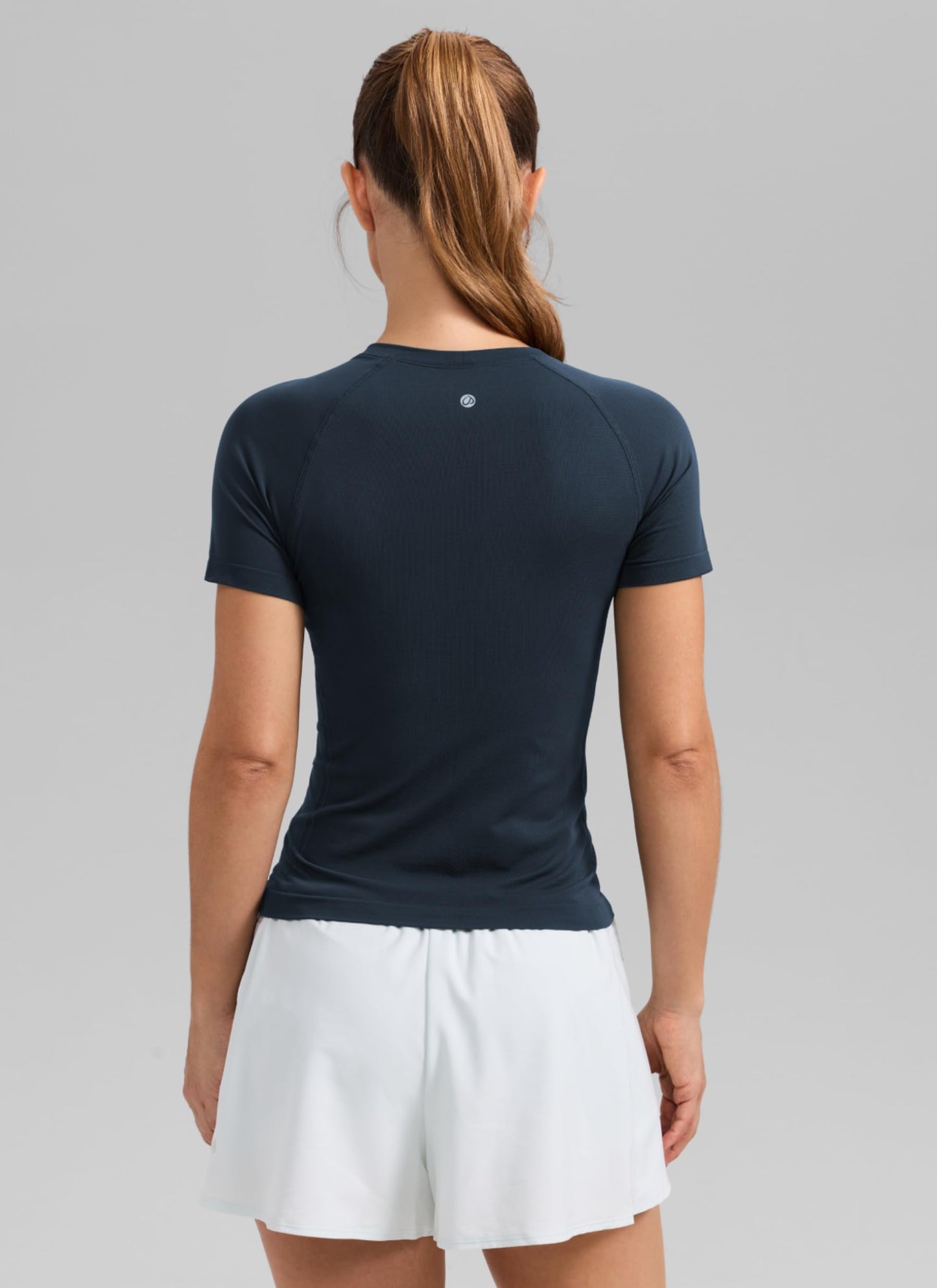 CRZ YOGA Seamless Workout Tops for Women Waist Length - Running Gym Athletic Yoga Short Sleeve Shirts Breathable Crewneck Twilight Blue Medium