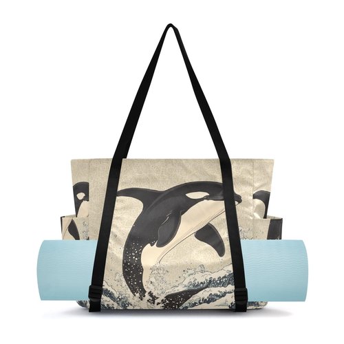 MCHIVER Killer Whales Waves Beige Black Yoga Bags for Women Pilates Bag with Adjustable Space for Yoga Mat Carrier for Beach Office Gym Workout Travel
