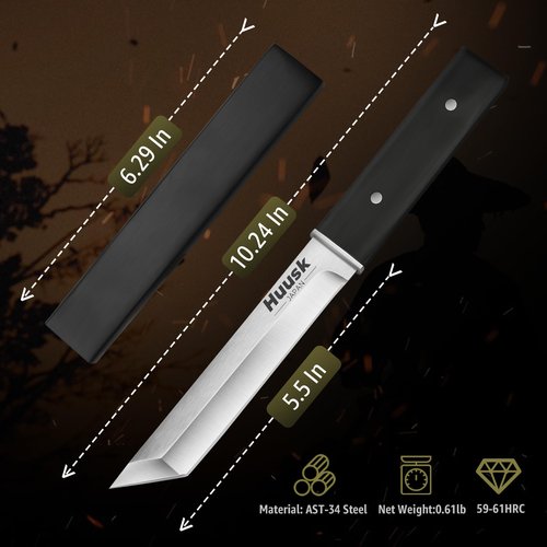 Huusk Japanese Fixed Blade Knife - Tanto Samurai Knife with Sheath - Full Tang Survival Knives with Wood Handle - Bushcraft knives for Outdoor Camping BBQ, Gifts for Men