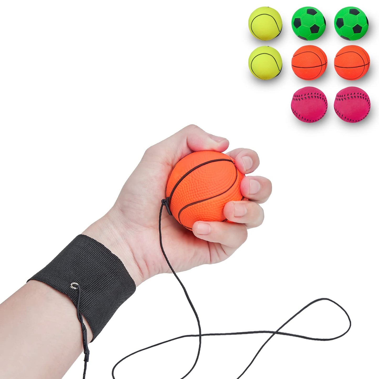 ZUYEE 4/8/16 Pack 2.36 Inch Wrist Return Wristband Ball Rubber Rebound Bouncy Sport Ball (Basketball, Baseball, Soccer,Tennis) on Elastic String Wrist Exercise or Play,Gift Toy for Kids Teens Adults