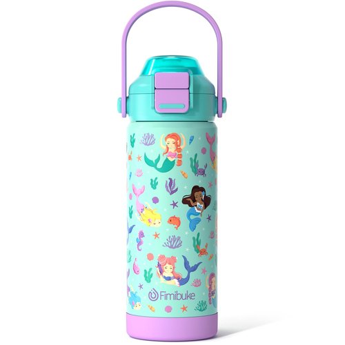 Fimibuke Kids Insulated Water Bottle with Pop-Open Straw & Spout 2-in-1 Lid, 18oz Leak Proof 18/8 Stainless Steel Vacuum Tumbler, BPA-Free Kids Cup For Travel School Boys Girls Toddler 1 Pack, Mermaid
